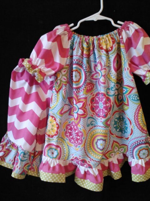 Funky Colorful Capri set  Pink Chevron with Ruffled Peasant top Handmade Available in size 12 months to size 8