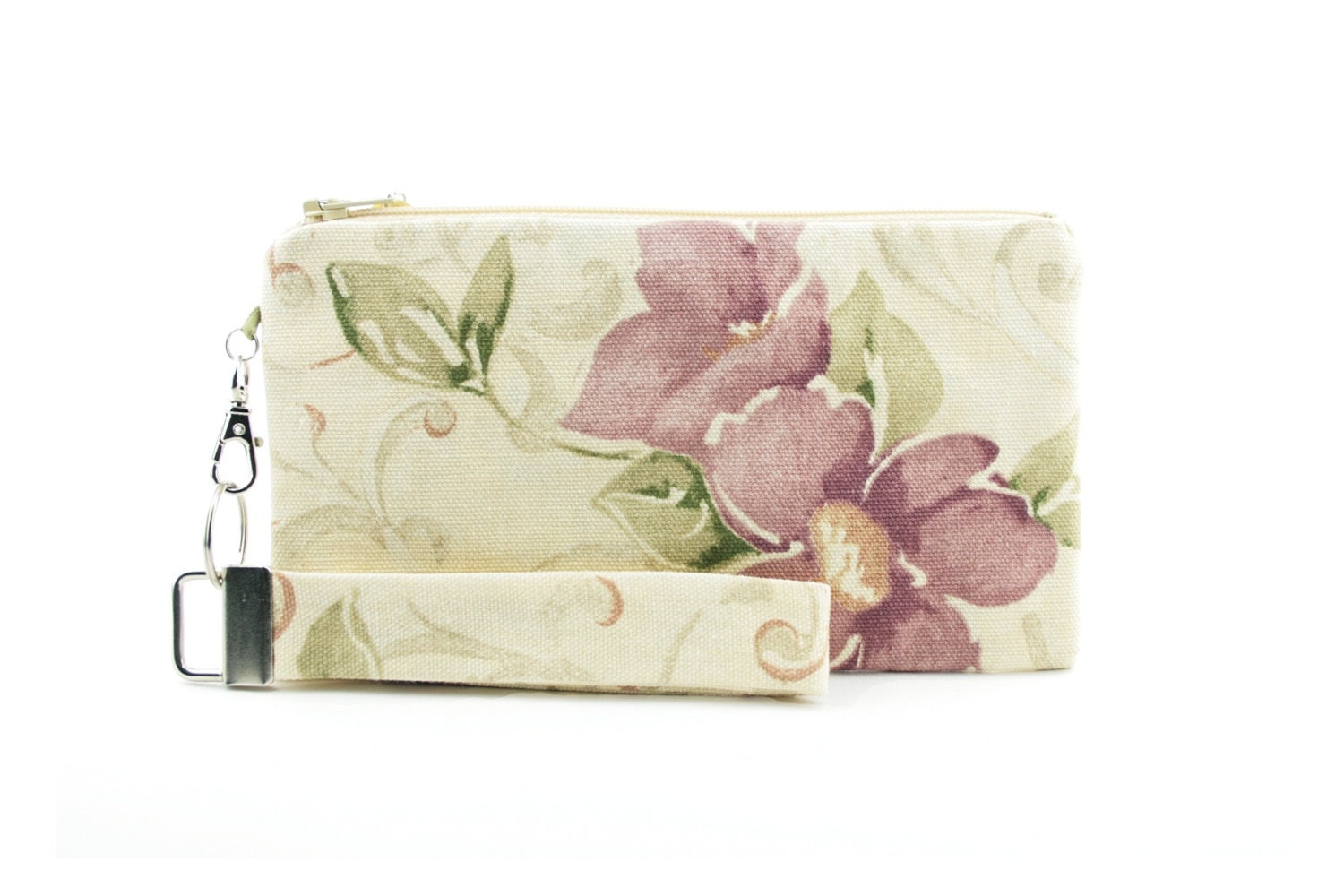 Floral pastel wristlet / small clutch / spring purse / zipper pouch & key fob set for women in  yellow fabric with lavender purple flowers