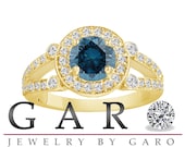 18k Yellow Gold 1.54 Carat Certified Fancy Blue & White Diamond Unique Halo Engagement Ring Split Shank HandMade