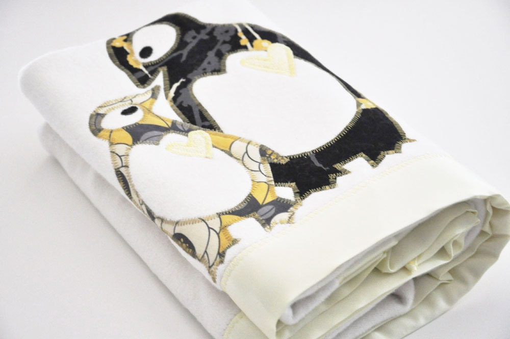 Organic Penguin Baby Blanket -- Free Personalization -- Gender Neutral in Gold and Gray