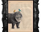 Happy Hippo and bird friends -hippopotamus art print- hippo on antique book page dictionary bird print wall art