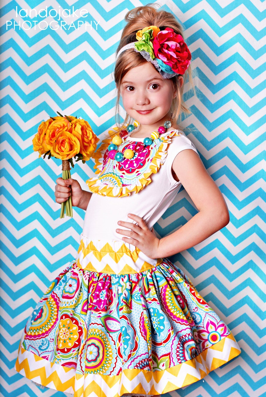 Summer flower chevron twirl skirt and matching bib shirt for babies toddlers girls