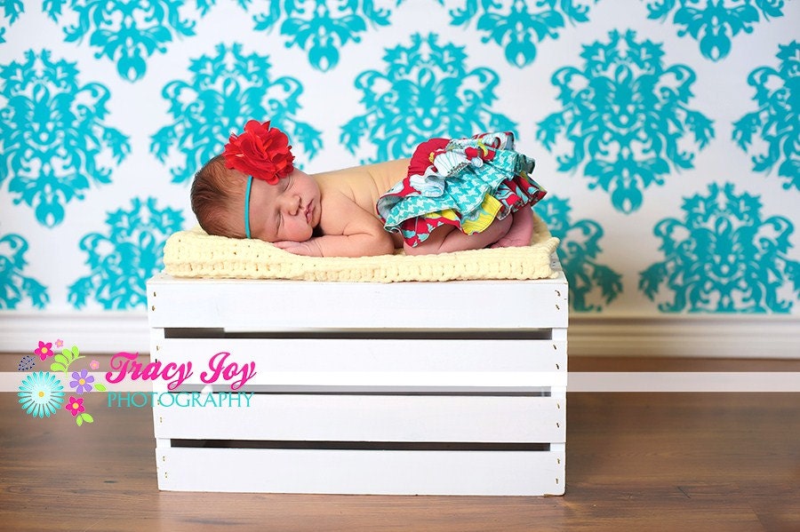 Red mint and yellow flower ruffle bloomers diaper cover and matching headband for newborn baby infant