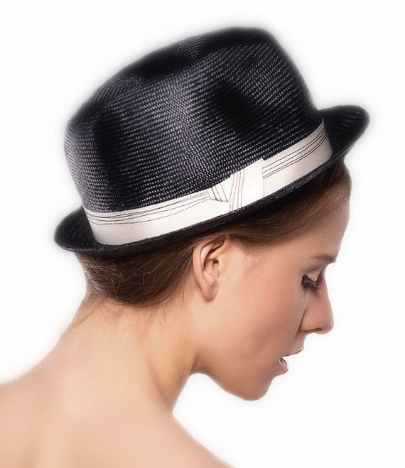 Unisex Straw Hand Blocked Hat Summer Dark Navy Rockabilly Men's Hats Trilby Women Fedora White Trim Tape