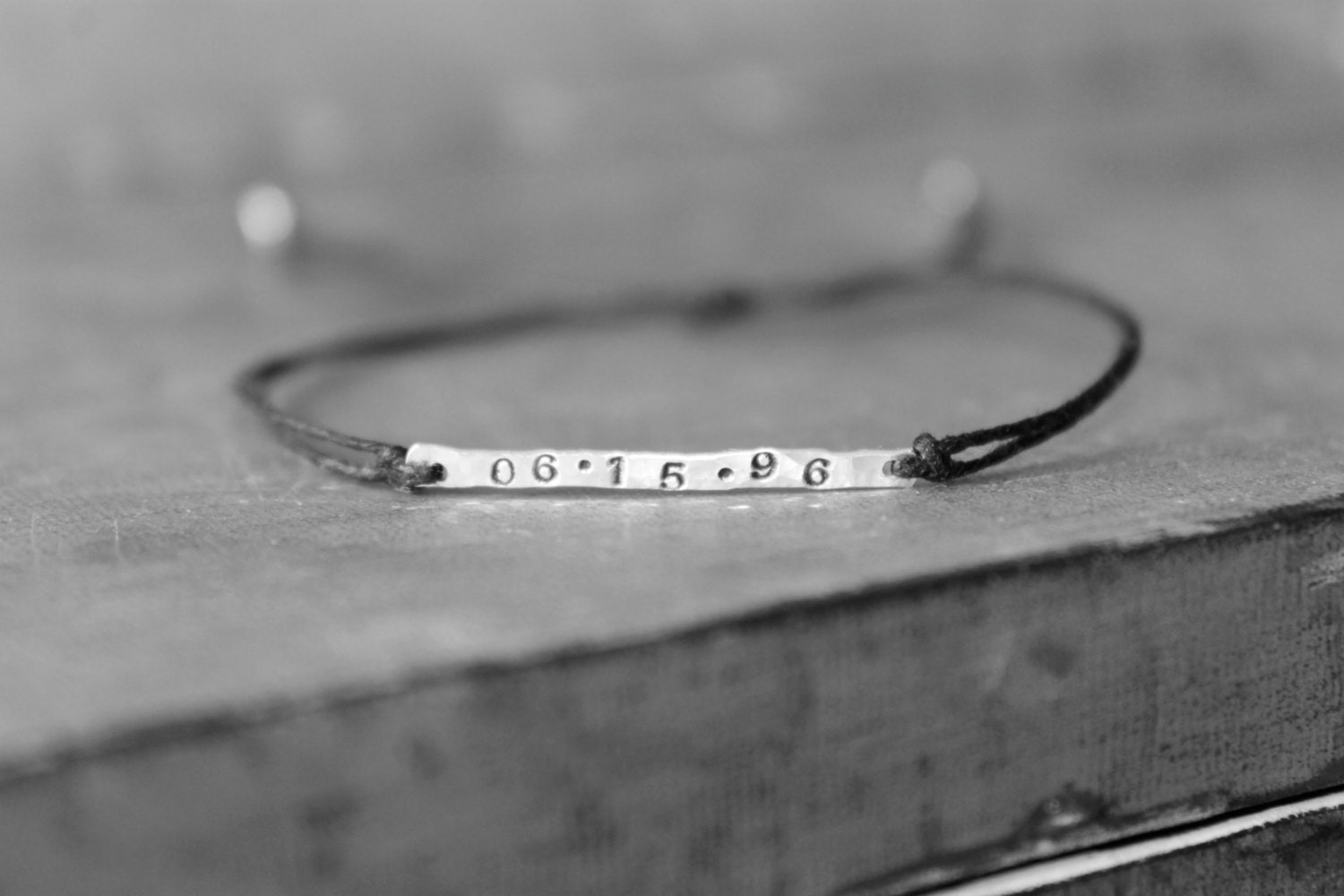 Personalized Date Sterling Silver Stamped Bar Waxed Linen Bracelet Upcycled Recycled Minimalist