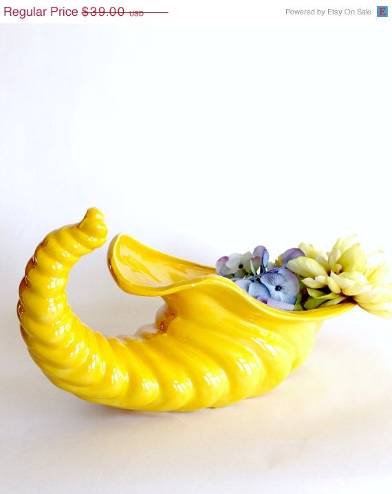 CLOSING SALE Reduced 50% Vintage Bright Yellow Ceramic Horn Planter