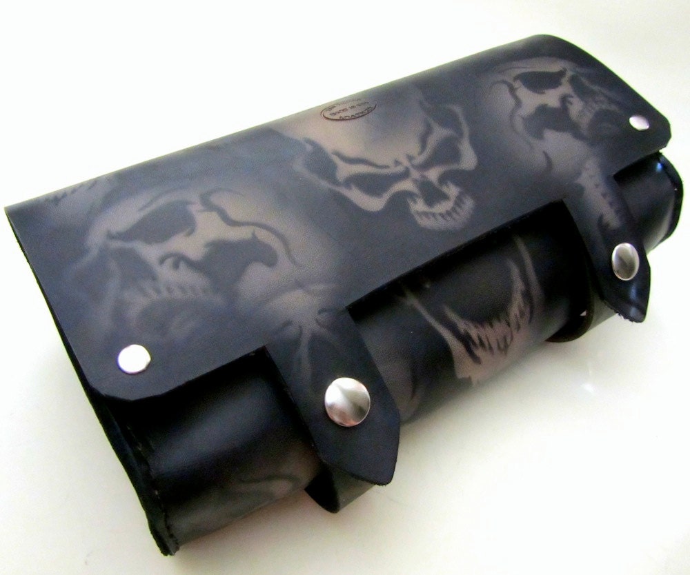 V2 Black and Grey Skulls Leather Motorcycle Tool Bag