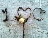 Monogram Wedding Cake Topper - Rustic Love Tree Thistle Pink Blush Flower Moss Leaves Spring Green Natural Branch Vine Initial Personalized