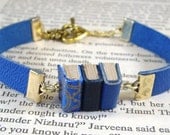 Miniature Book Bracelet Stack of 3 Mini Books and Leather Bracelet Blue Gold