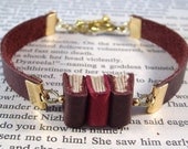 Miniature Book Bracelet Stack of 3 Mini Books and Leather Bracelet Dark Red Leather