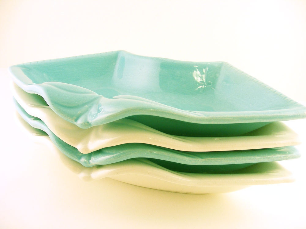 California USA Pottery Serving Snack Relish Set Turquoise White