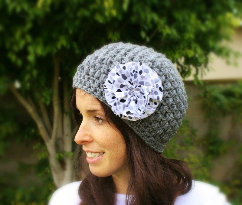 Grey Slouch Crochet Hat with Speckled Fabric Flower