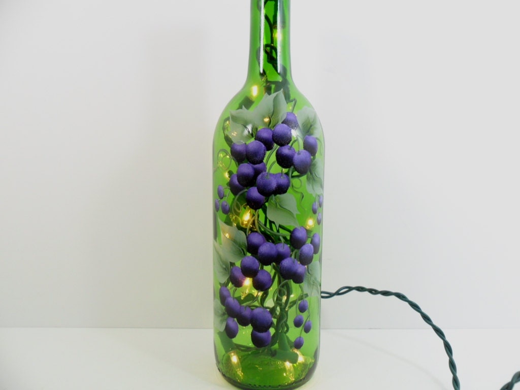 Lighted Wine Bottle Hand Painted Purple Grapes Recycled 750ml
