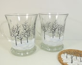 Coffee Mugs Cups Winter Snow Scene Black White Hand Painted Set of 2