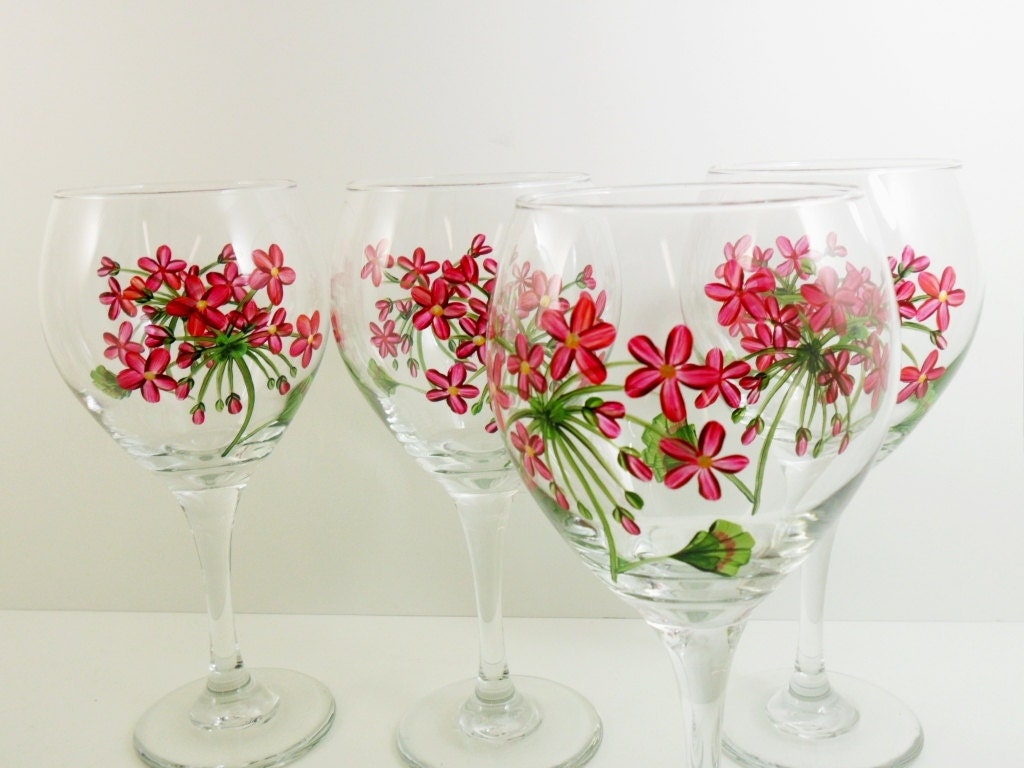Wine Glasses Hand Painted Red Geranium Balloon Set of 4