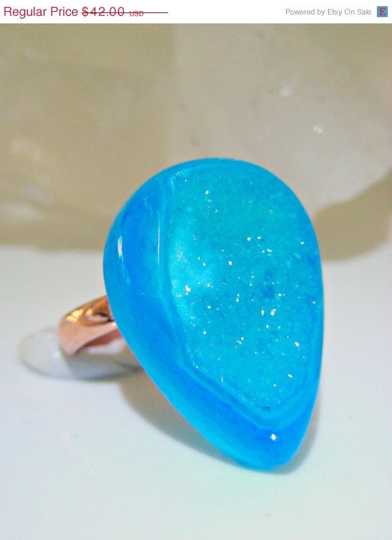 ON SALE Druzy Ring - Ocean Blue Agate Drusy Boho Cocktail Ring - Copper Handmade Ring - Size 6