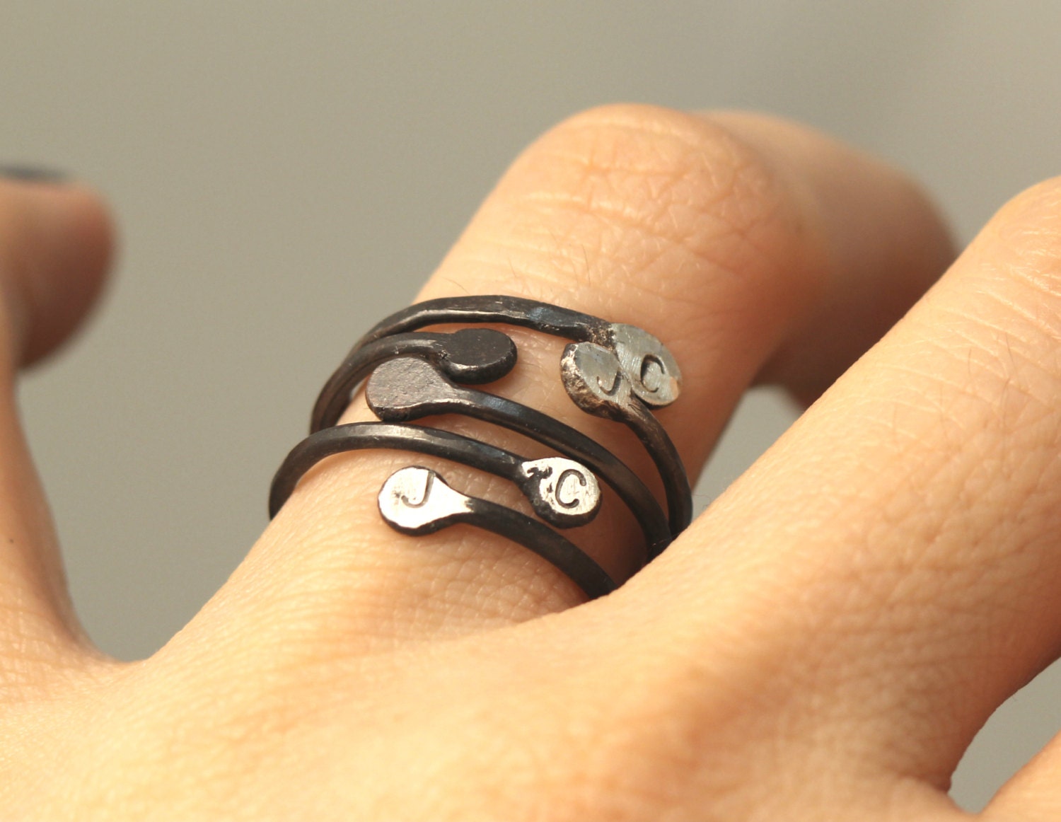 Adjustable Sterling Silver Stacking Bud Ring w Two Initials by Pale Fish  NY