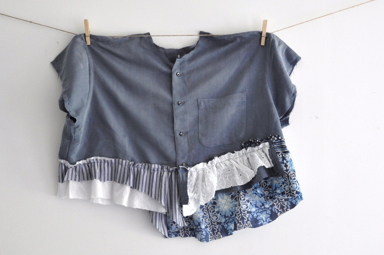One size oversized vest top button up cropped ruffled chevron blue vintage lace magnolia pearl style boho mountaingirl funky