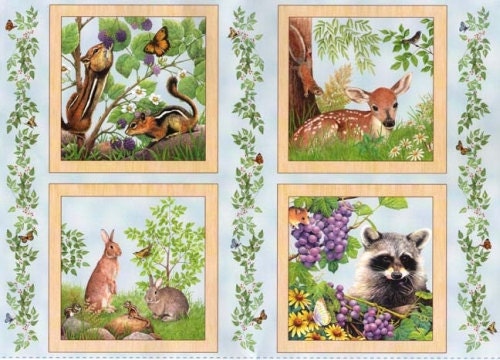 Quilt Fabric Panel Gentle Nature Chipmunk Deer Bunny Baby Animal Quilt Fabric