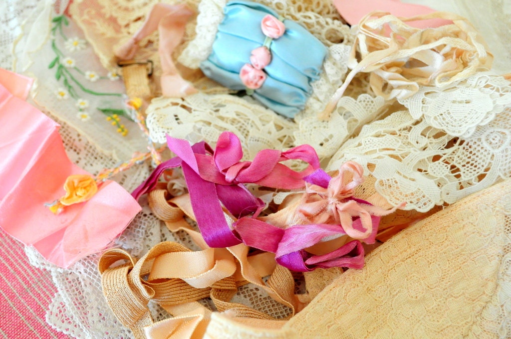 Lot antique victorian tulle tambour lace trim flapper dolls pillow embroidery trim ribbon rosette millinery flowers edging remnants