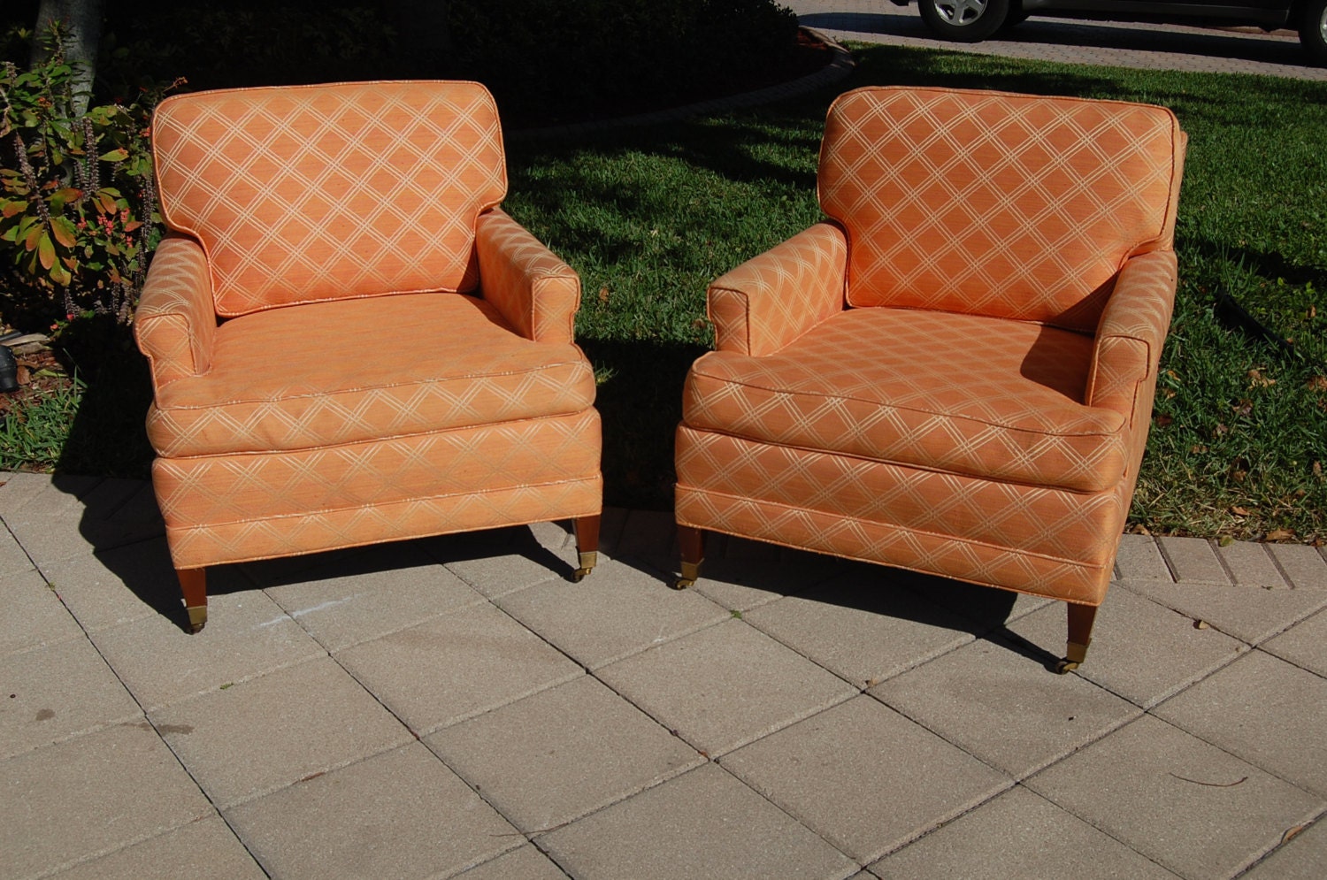 Vintage Lounge Chairs with Peach Pink Yellow Fabric Mid Century at Retro Daisy Girl