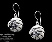 Eagle Head Earrings Sterling Silver Hand Carved & Cast Fish Hook or Post