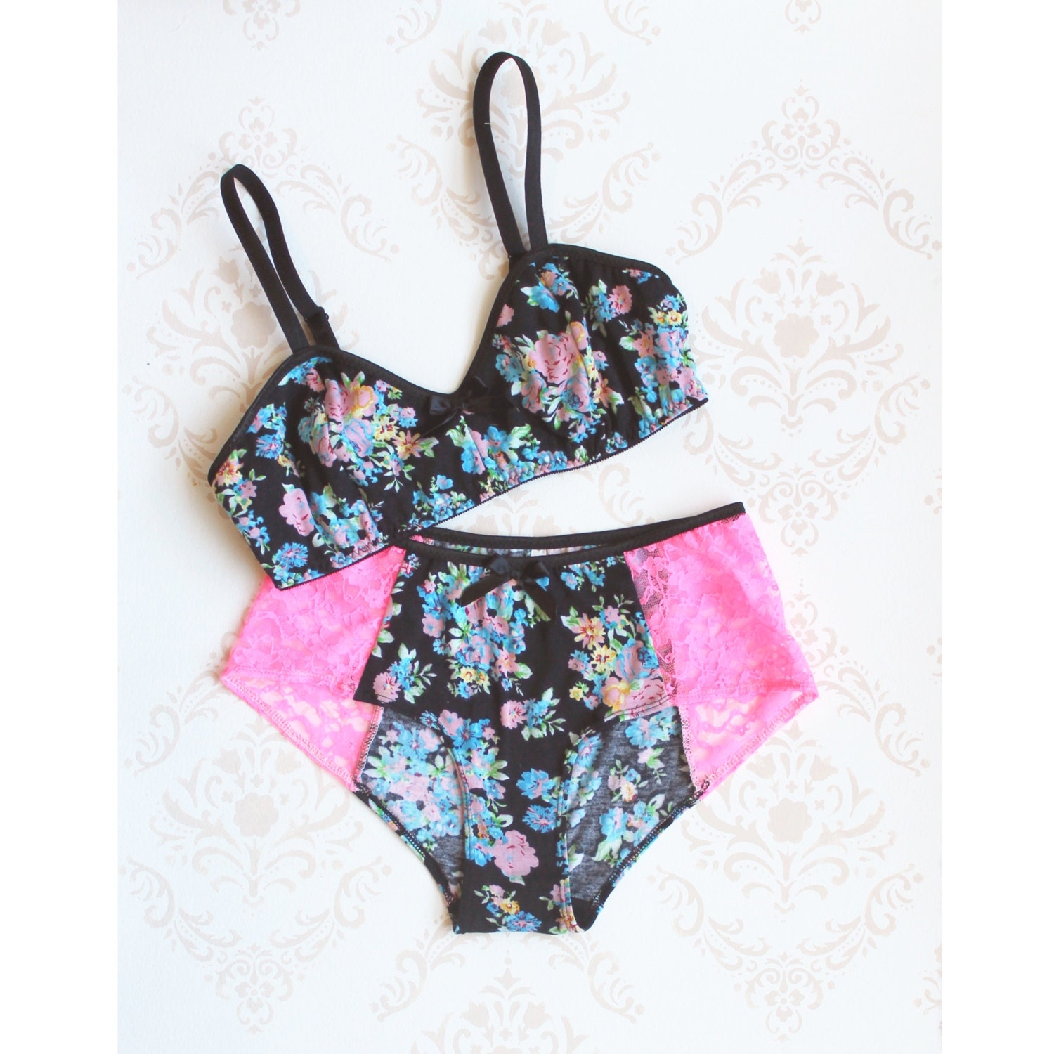 Neon Lingerie Set 'Azalea' Bra and Panties Handmade to Order by Ohhh Lulu
