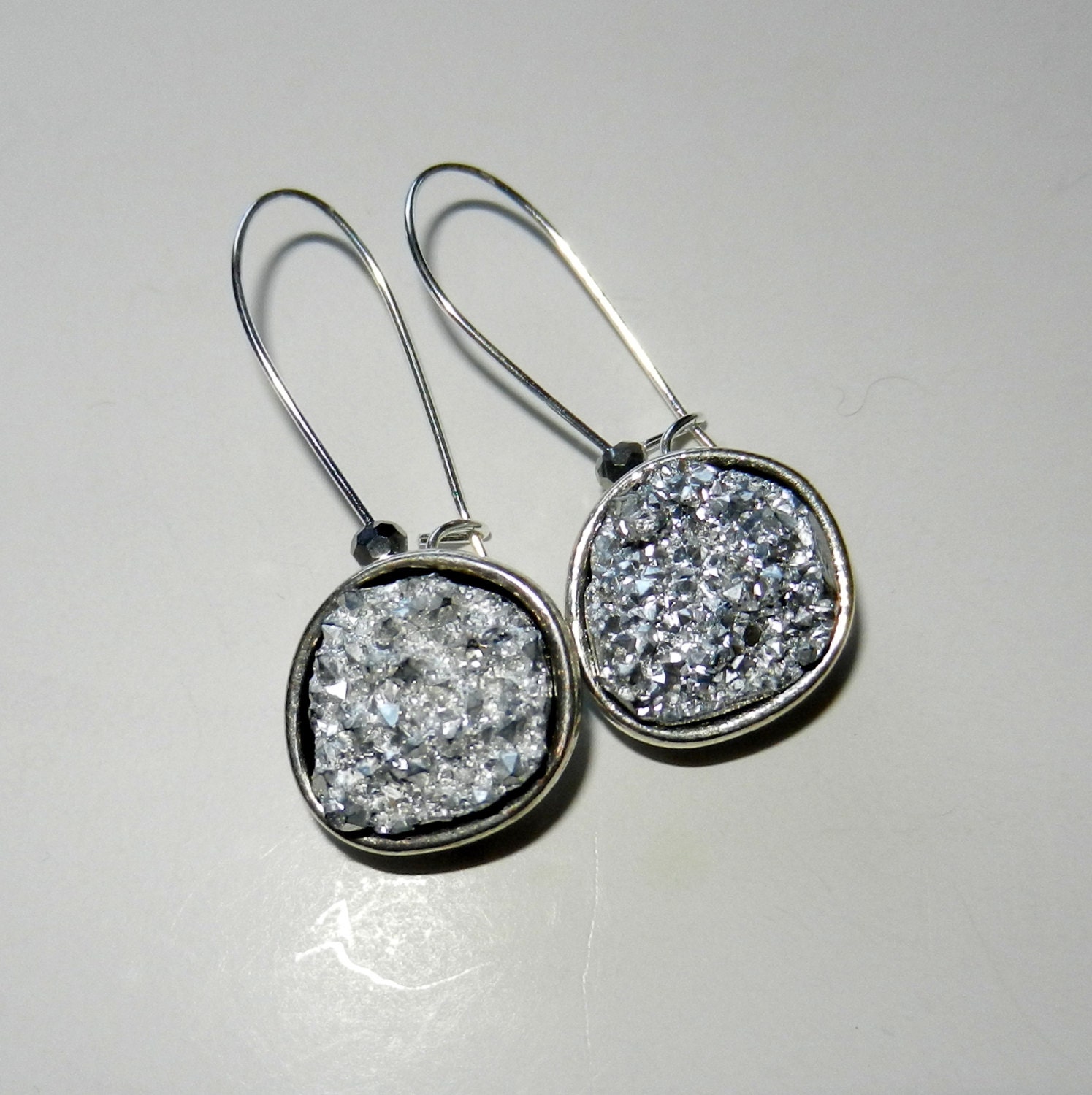 White Druzy and Silver Glass Dangle Earrings