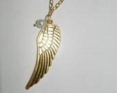 Large Gold Angel Wing Necklace With Pearl