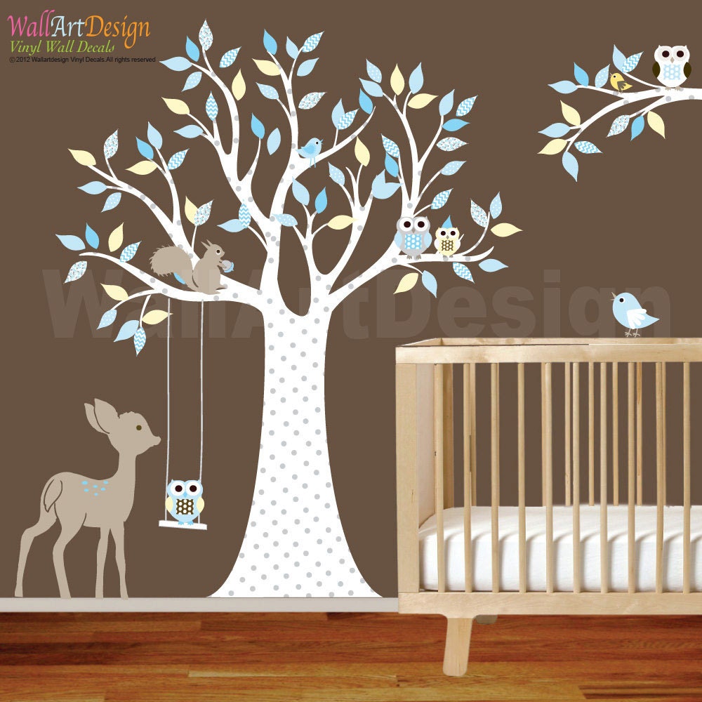 Vinyl Wall Decal Stickers Owl Tree Set Nursery Girls Baby Aqua Grey Chevron Pattern swing polka dot