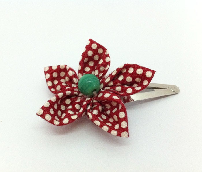 Fabric flower hair clip, Japanese Kanzashi style, red and white polka dot fabric, green bead