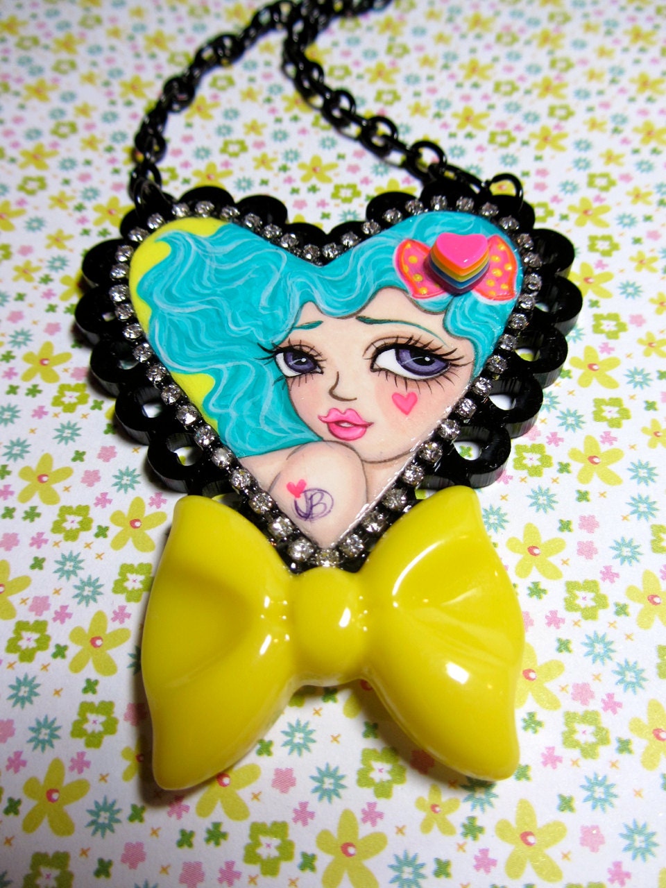 Sweet Pea and Her Big Yellow Bow Hand Painted Original Art Heart Pendant Necklace