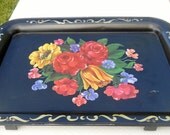 Vintage TV tray, Lap tray, tole painting, black with bouquet