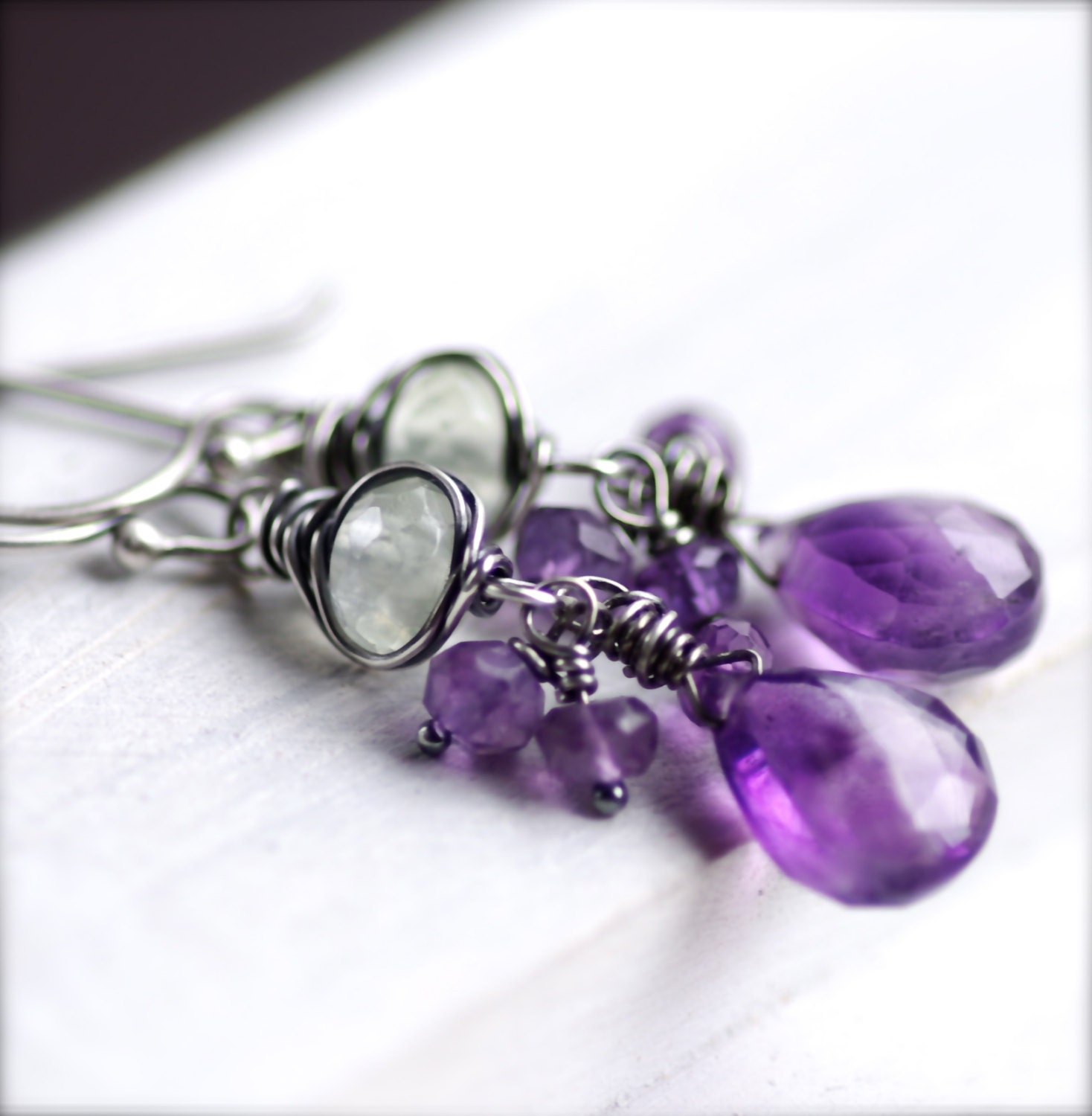 Wire Wrapped Amethyst and Prehnite Earrings on Oxidized Sterling Silver