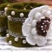 Olive Green Shabby Chic Boho Velvet Pearl Flower Cuff Bracelet