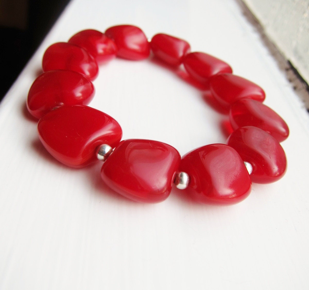 Red and Silver Stetch Bracelet - beaded - valentine's day - tomato - fire engine - jewelry