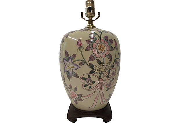Pink & Purple Chinoiserie Vintage Asian Vase Floral Ceramic Lamp