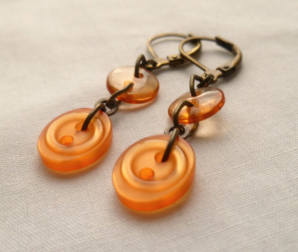 Button Earrings Orange Buttons & Brass Spring Dangle