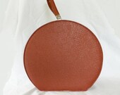 vintage 1960s Brown Round Vinyl Train Case Luggage Overnight Petite Suitcase