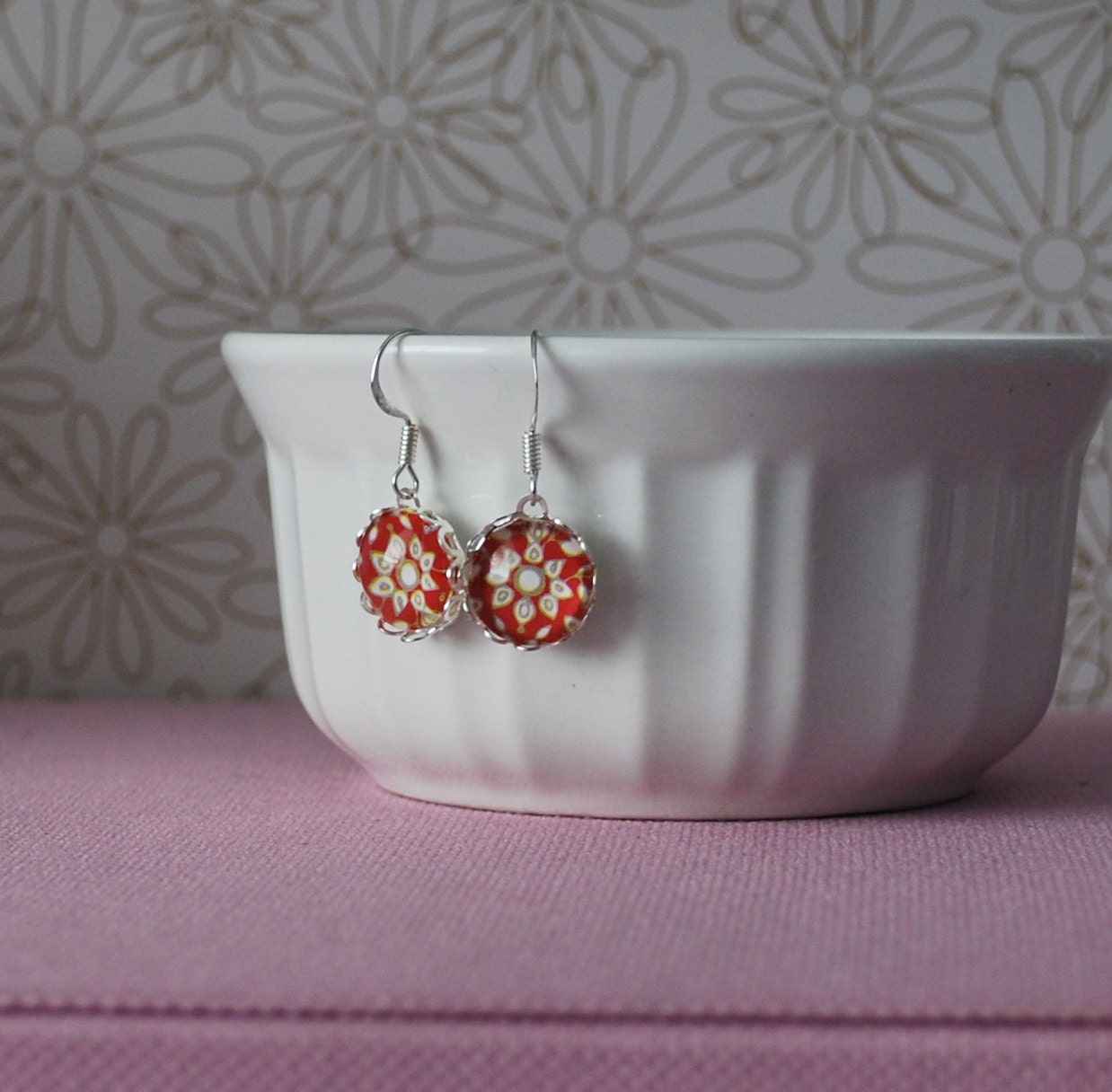 Red Thistle Flower Glass Cabochon and Paper Earrings