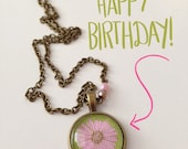 Pink and Green Mum Glass Cabochon and Paper Pendant Necklace