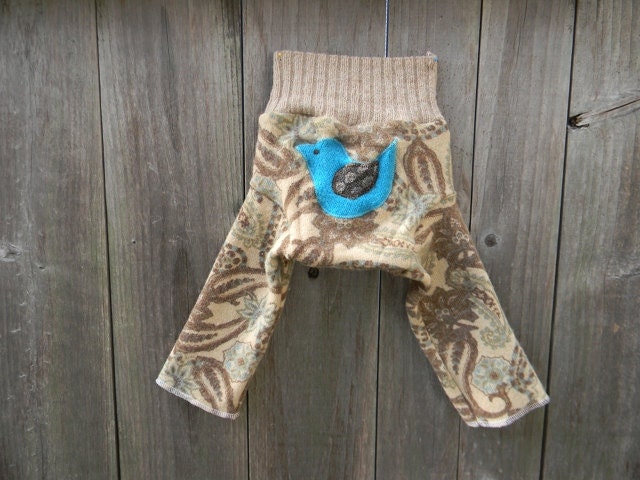 Upcycled Wool Longies Soaker Cover Diaper Cover With Added Doubler Beige/Brown Paisley With Birdy Applique SMALL 3-6M Kidsgogreen