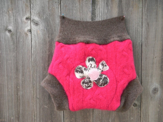 Upcycled Wool /Cashmere Soaker Cover Diaper Cover With Added Doubler Hot Pink/Brown With Flower  Applique LARGE 12-24M Kidsgogreen