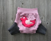 Upcycled Wool  Soaker Cover Diaper Cover With Added Doubler Pink/Charcoal Gray With Birdy Applique  NEWBORN 0-3M  Kidsgogreen