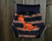 Upcycled Wool Soaker Cover Diaper Cover With Added Doubler Navy Blue/Orange Stripes With Dino Applique LARGE 12-24M Kidsgogreen