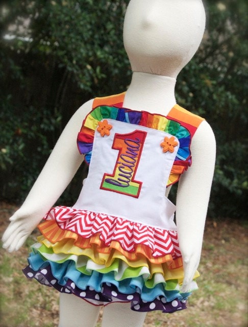 White RAINBOW Ruffled Bottom Romper FULL ruffle w/embroidery  6-12mths, 12-18mths, 18-24mths, 2T