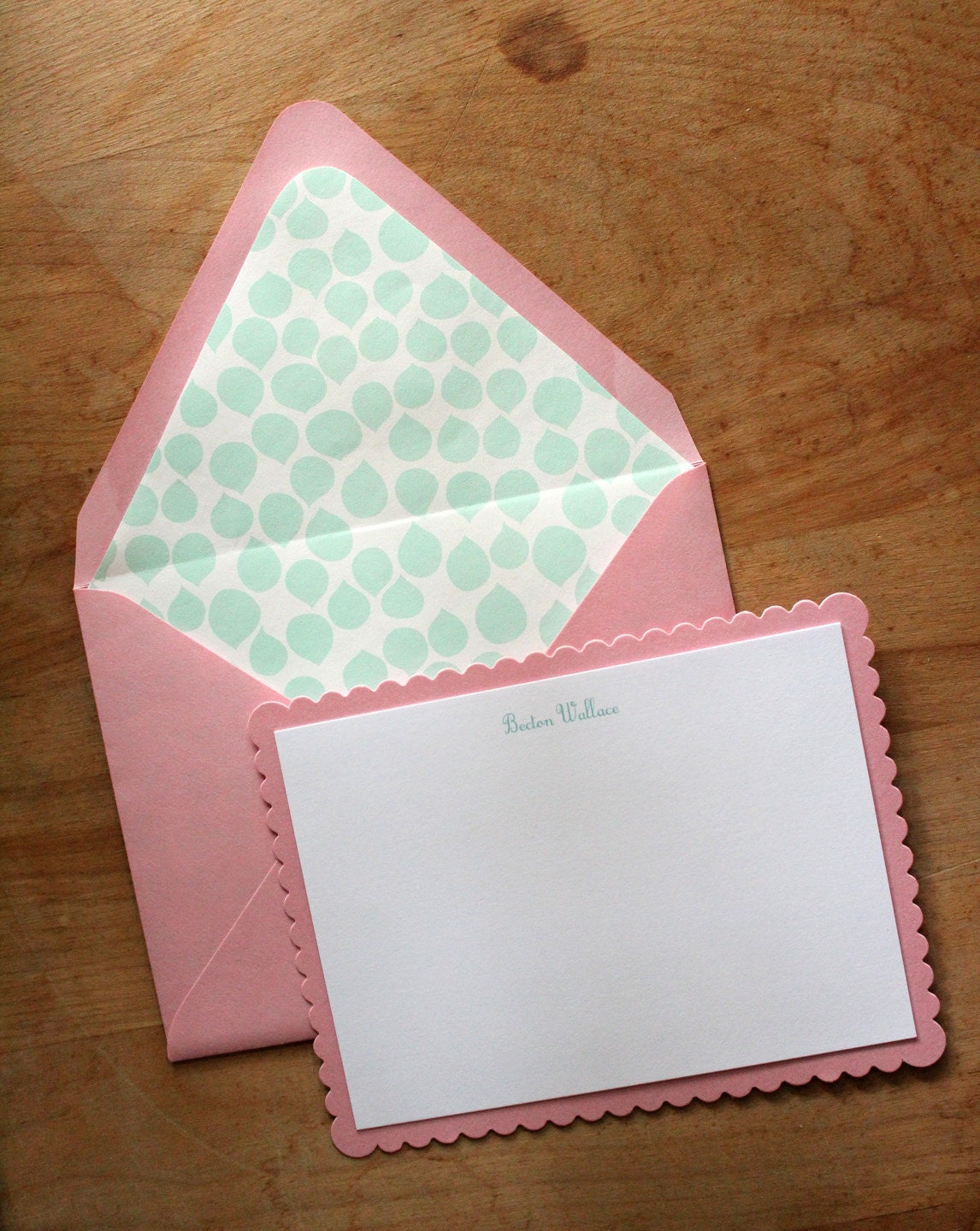 personalized notecards - mint and pink scalloped