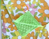 Mod Flowers Vintage Bed Sheet Baby Blanket with Lime Green Minky and Pink, Orange, Yellow, Green, White Upcycled Daisies Fabric
