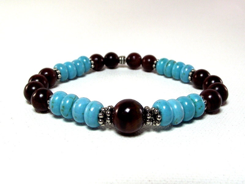 Men's Red Tiger's Eye and Turquoise Beaded Bracelet