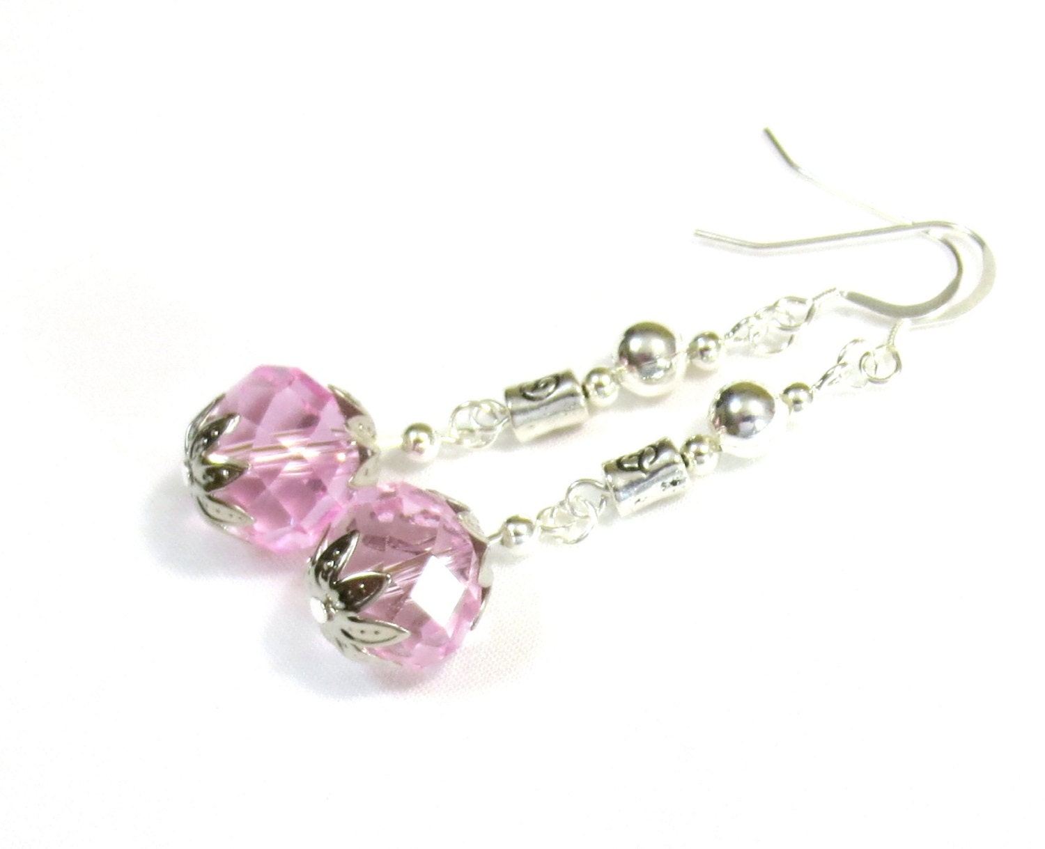 Pink Crystal Earrings, Long Dangle Earrings, Large Crystals, Silver and Crystal, Pewter Beads, Sterling Silver Wires, Light Pink